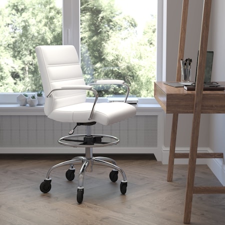 Flash Furniture White LeatherSoft Drafting Chair with Skate Wheels GO-2286B-WH-RLB-GG